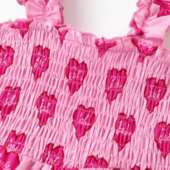 Women Barbie Valentine Heart Allover Print Sleeveless Smocking Pink Dress - Picture 5 of 9